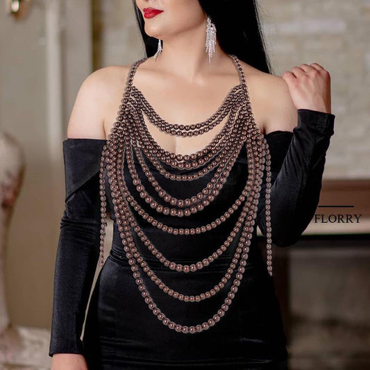 Florry Pearl Body Chain Shoulder Necklace Top Body Jewelry for Women Fashion Bra Chains for Wedding Party