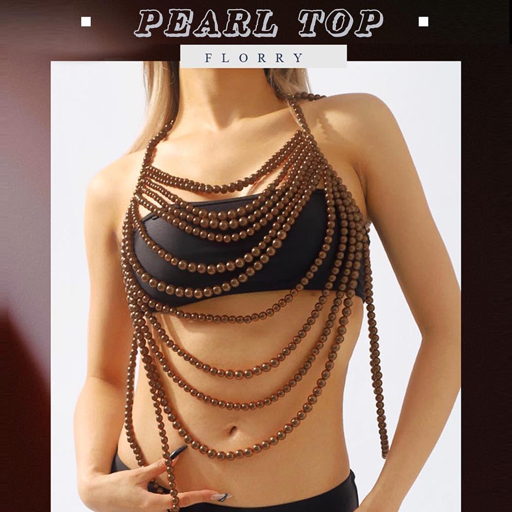 Florry Pearl Body Chain Shoulder Necklace Top Body Jewelry for Women Fashion Bra Chains for Wedding Party