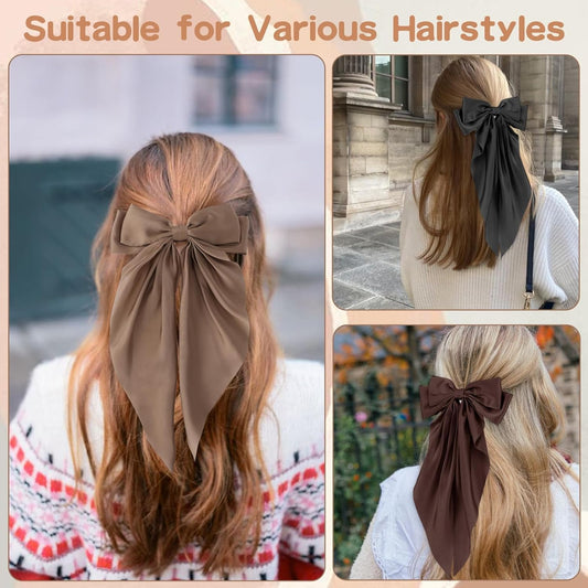 6 PCS Hair Bows for Women, Big Bow Hair Clips for Girls, Silky Satin Hair Bows Clips Oversized Long Tail, Large Hair Barrettes Cute Aesthetic Hair Accessories, Metal Bow Hair Clips Neutral Color