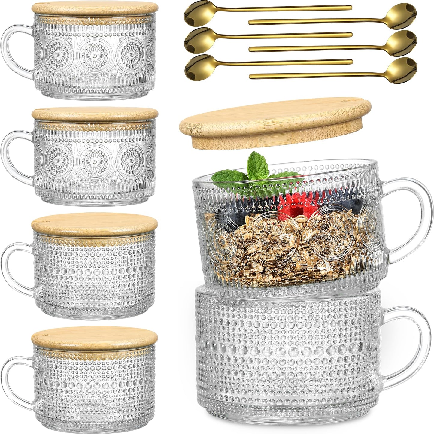 LANDNEOO 12pcs Set Irish Coffee Glasses, Vintage Coffee Mugs, Overnight Oats Containers with Bamboo Lids and Spoons - 14oz Clear Embossed Glass Cups, Cute Coffee Bar Accessories, Iced Coffee Glasses