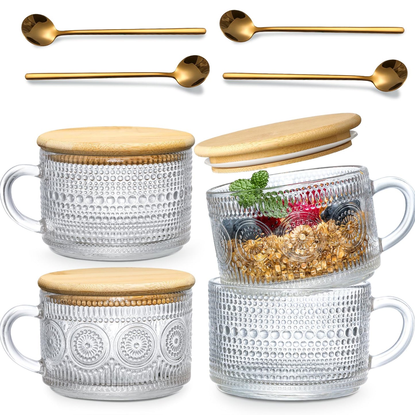 LANDNEOO 12pcs Set Irish Coffee Glasses, Vintage Coffee Mugs, Overnight Oats Containers with Bamboo Lids and Spoons - 14oz Clear Embossed Glass Cups, Cute Coffee Bar Accessories, Iced Coffee Glasses