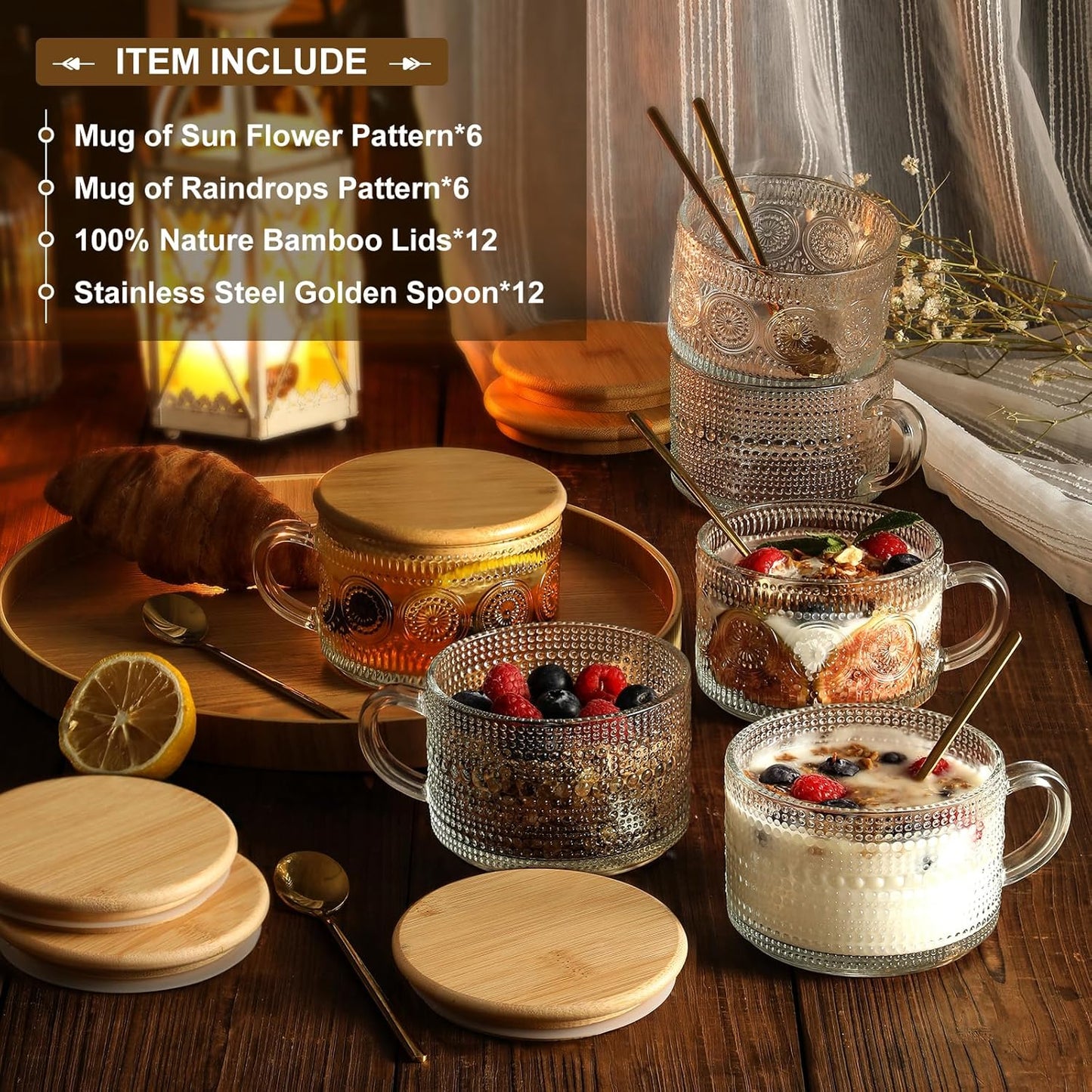 LANDNEOO 12pcs Set Irish Coffee Glasses, Vintage Coffee Mugs, Overnight Oats Containers with Bamboo Lids and Spoons - 14oz Clear Embossed Glass Cups, Cute Coffee Bar Accessories, Iced Coffee Glasses
