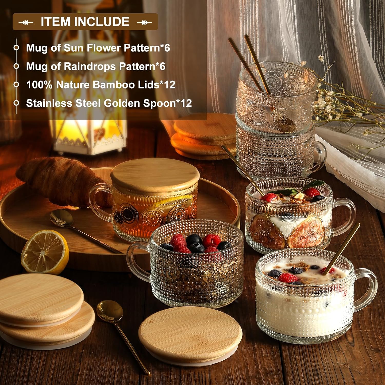 LANDNEOO 12pcs Set Irish Coffee Glasses, Vintage Coffee Mugs, Overnight Oats Containers with Bamboo Lids and Spoons - 14oz Clear Embossed Glass Cups, Cute Coffee Bar Accessories, Iced Coffee Glasses