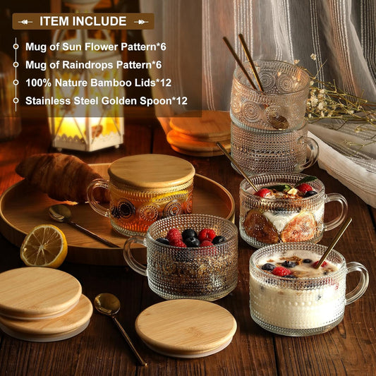 LANDNEOO 12pcs Set Irish Coffee Glasses, Vintage Coffee Mugs, Overnight Oats Containers with Bamboo Lids and Spoons - 14oz Clear Embossed Glass Cups, Cute Coffee Bar Accessories, Iced Coffee Glasses